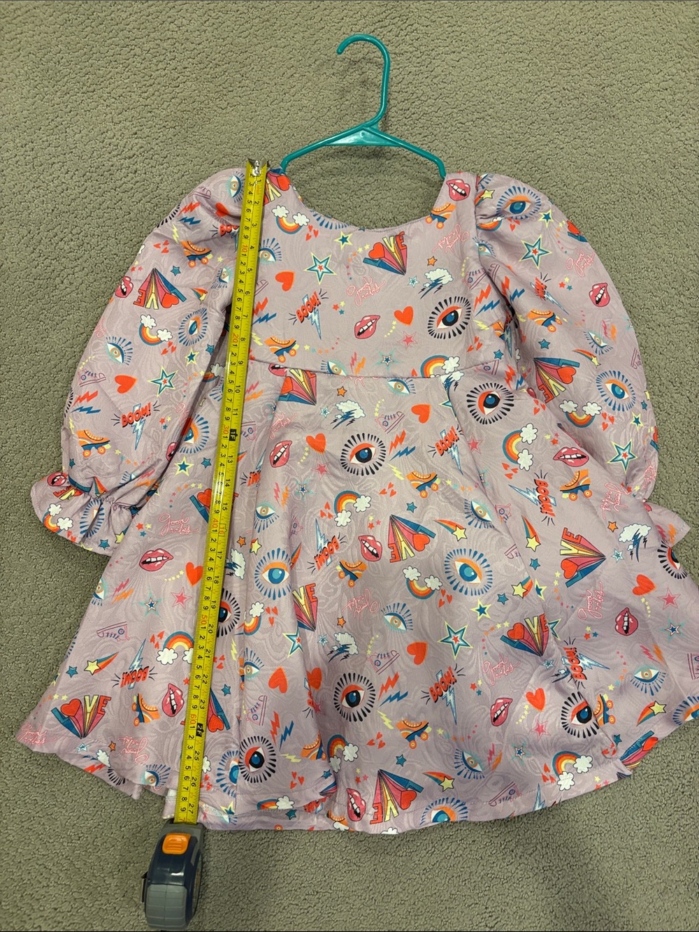 Lola and the Boys, Girls Pink Graphic Puff Sleeve Dress with Hearts & Rainbows